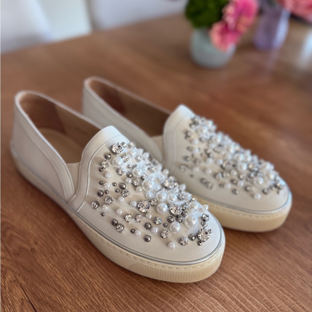 Stuart Weitzman White Embellished Slip-On Sneakers